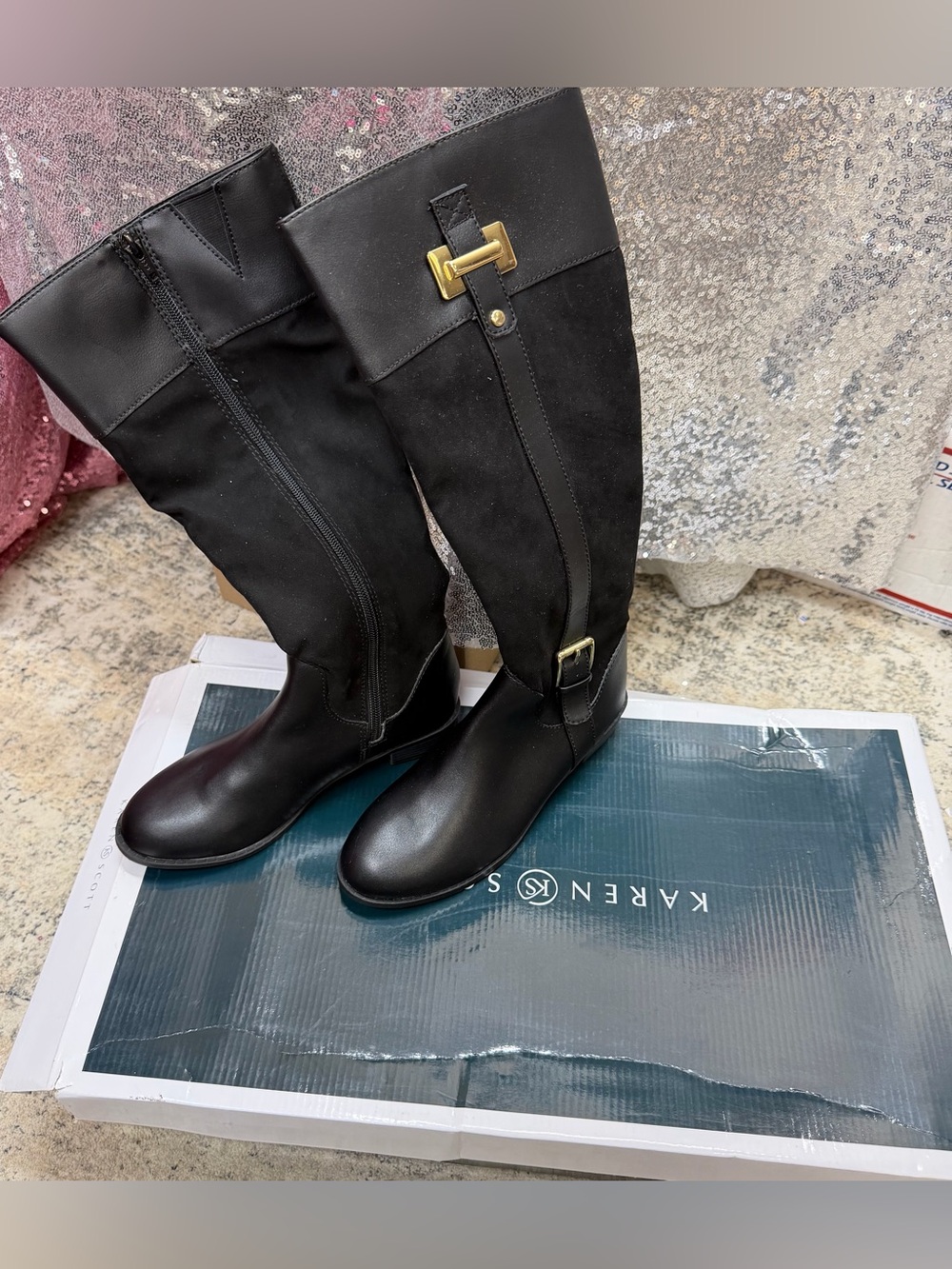 Karen Scott Black Knee-High Riding Boots with Gold Buckle
